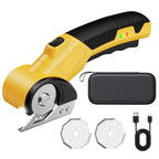 Yellow and black electric cutter with additional blades and charging cable on a white background