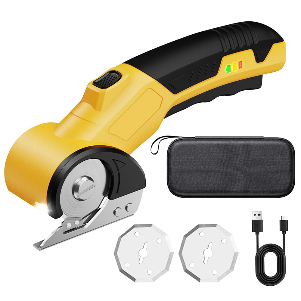 Yellow and black electric cutter with additional blades and charging cable on a white background