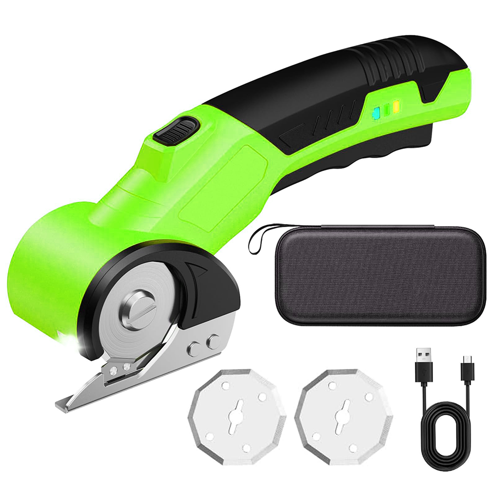 Green and black electric cutting tool with accessories on a white background