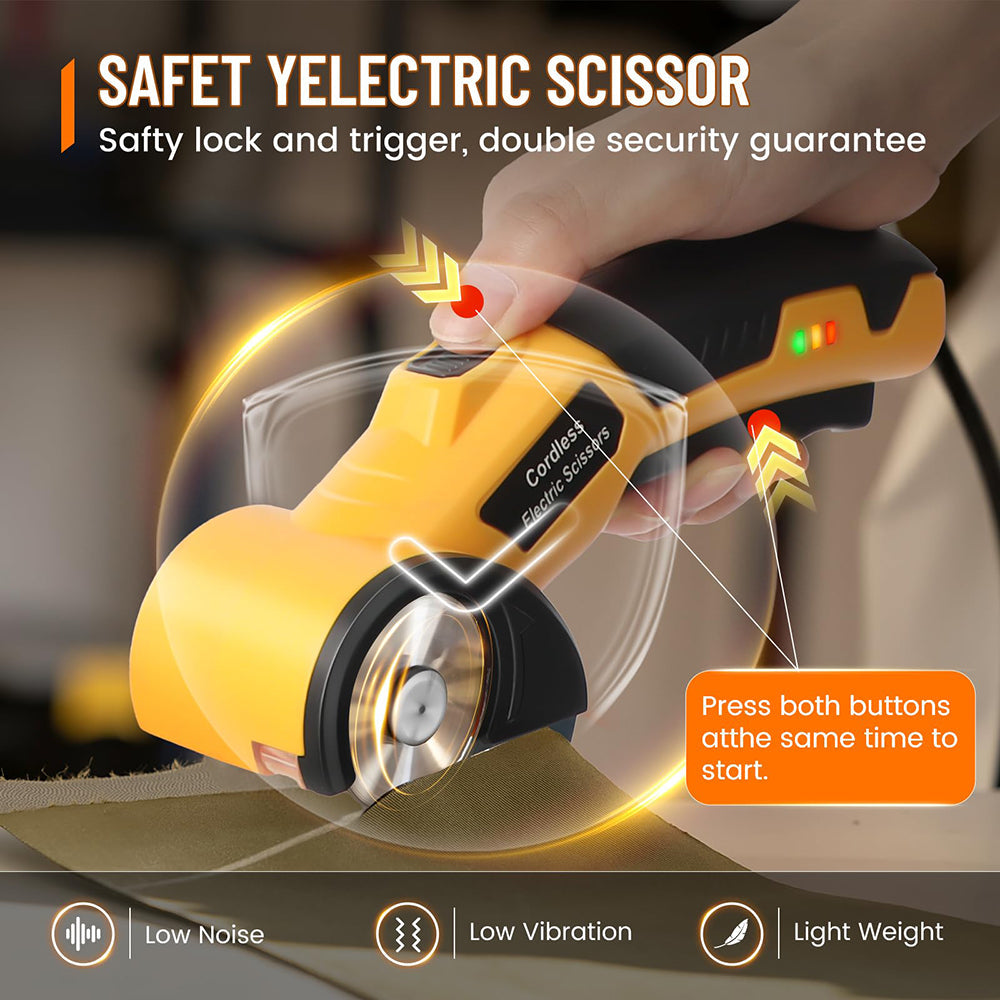 Electric scissors with safety features and text highlighting features like safe lock, trigger, and double security guarantee.