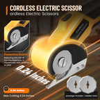 Cordless electric scissors with protective guard and cutting capacity details on a dark background