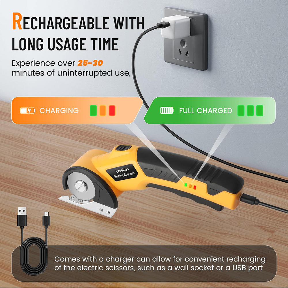 Electric scissors with charging indicator and wall outlet on a wooden surface