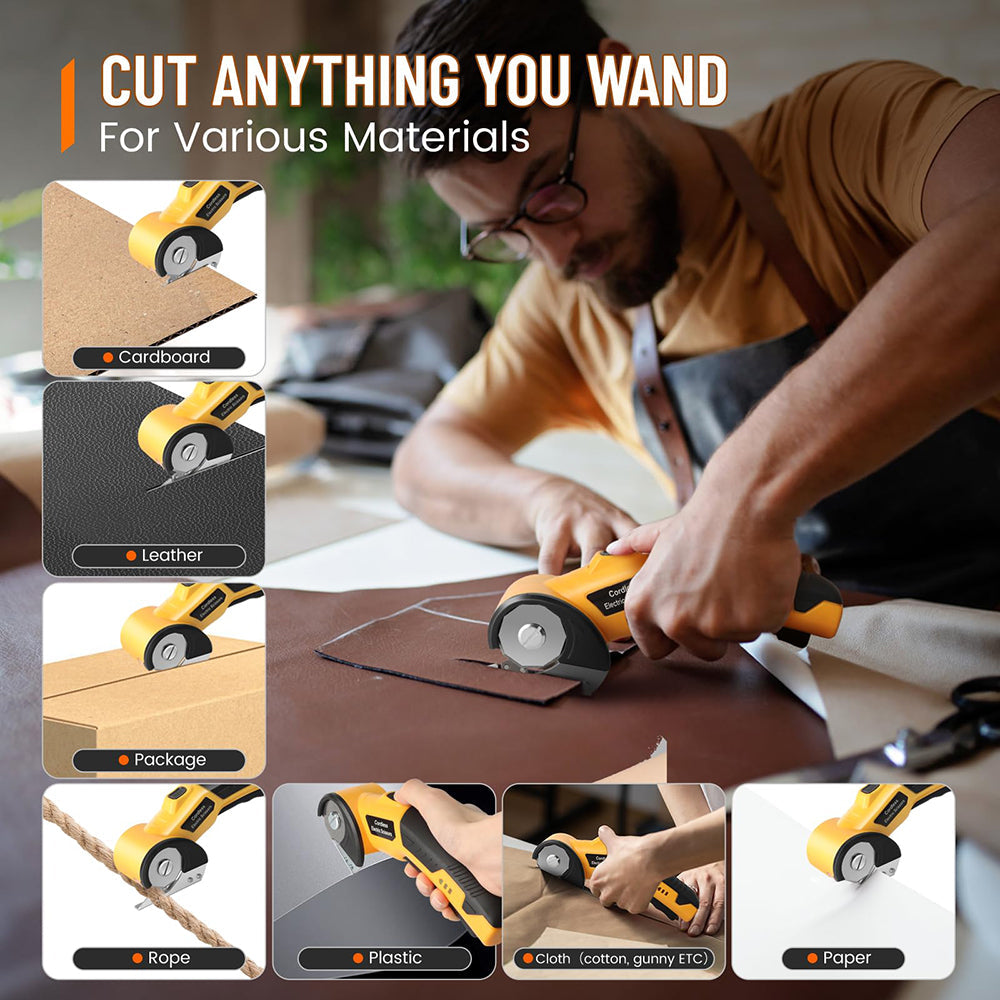 Person using a cutting tool on various materials with text 'Cut Anything You Want For Various Materials'.