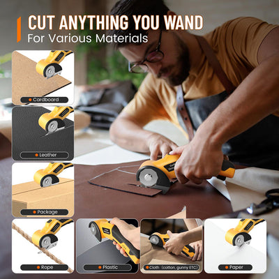 Person using a cutting tool on various materials with text 'Cut Anything You Want For Various Materials'.