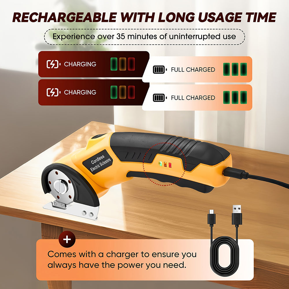 Electric oscillating tool with charging cable on a wooden surface, highlighting rechargeable feature.