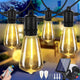 AxiaTool solar outdoor string lights illuminating a garden, showcasing warm white bulbs and decorative hanging design.