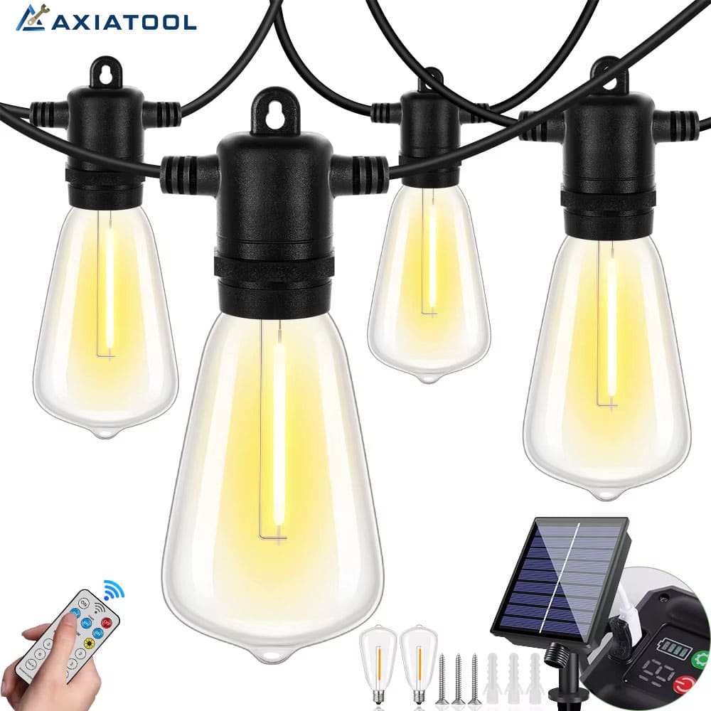 AxiaTool solar outdoor string lights illuminating a garden, featuring warm white bulbs on a dark evening background.