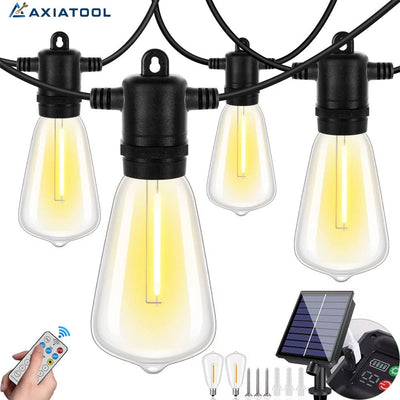 AxiaTool solar outdoor string lights illuminating a garden, featuring warm white bulbs on a dark evening background.