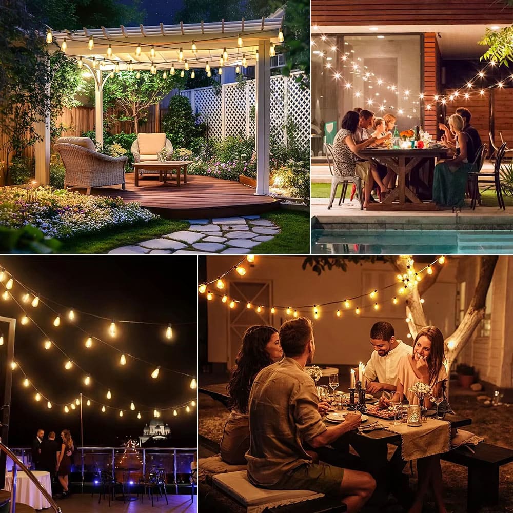 AxiaTool solar outdoor string lights illuminating a garden with warm glow, perfect for festive decor.