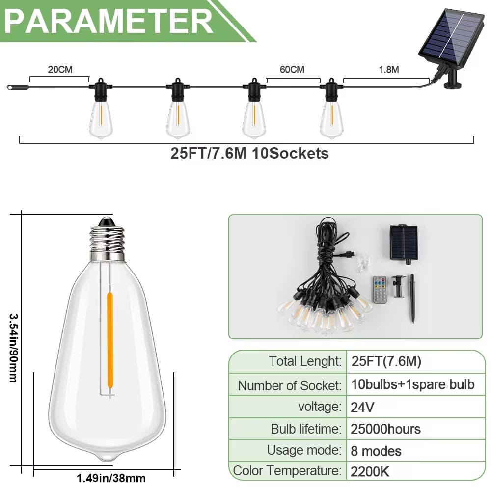 AxiaTool solar outdoor string lights illuminating a garden, showcasing warm white bulbs and a festive atmosphere.