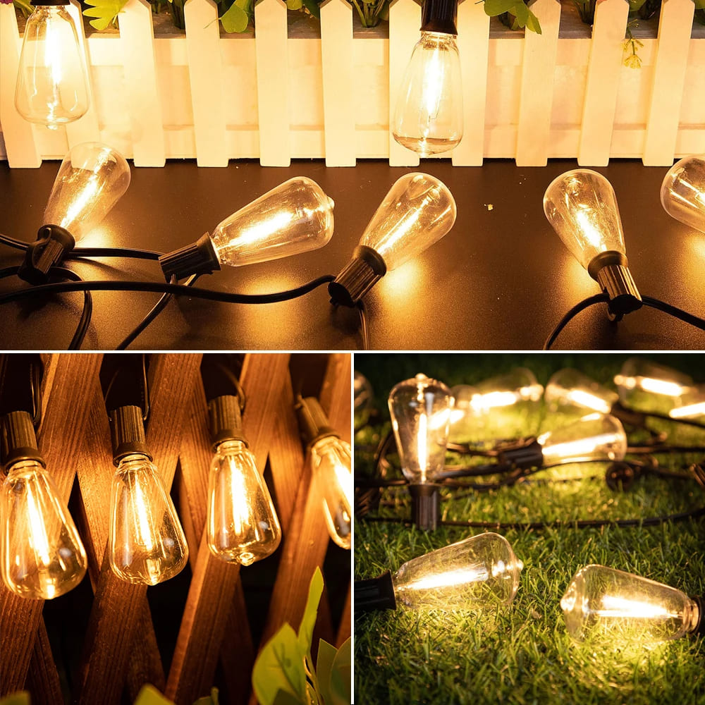 Solar outdoor string lights by AxiaTool, illuminating a garden with warm white bulbs and a charming decorative design.