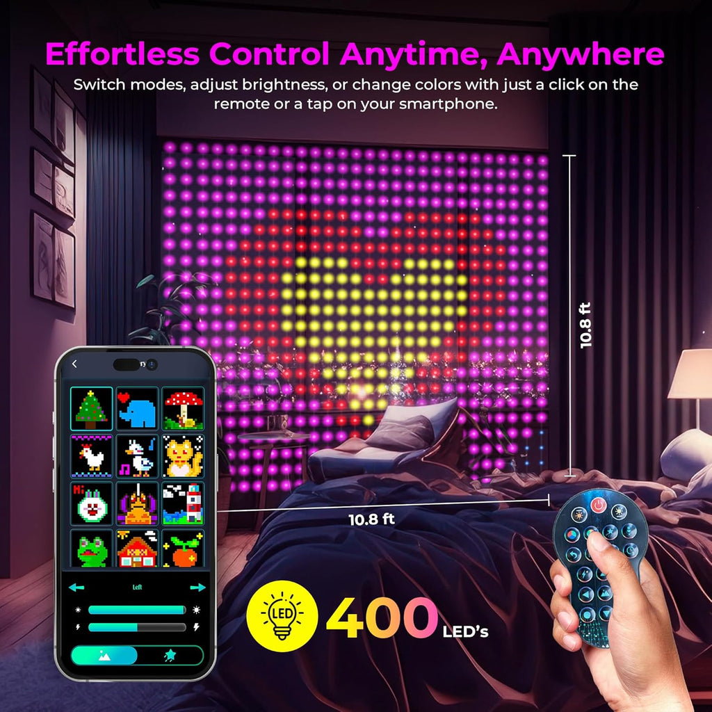 AxiaTool DIY Smart LED Curtain Sync Lights displayed in a cozy living room, creating a festive ambiance.