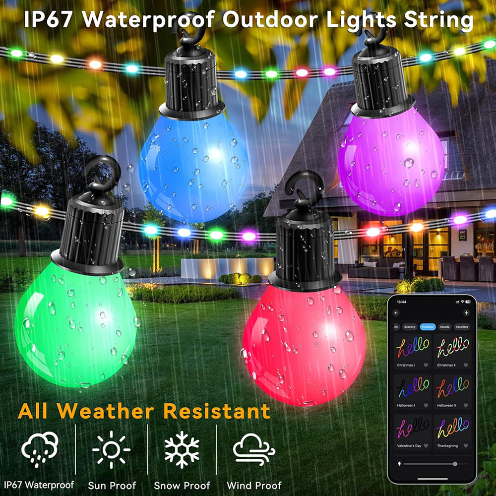 AxiaTool smart outdoor RGBIC bulb string lights illuminating a patio with colorful, vibrant hues at dusk.