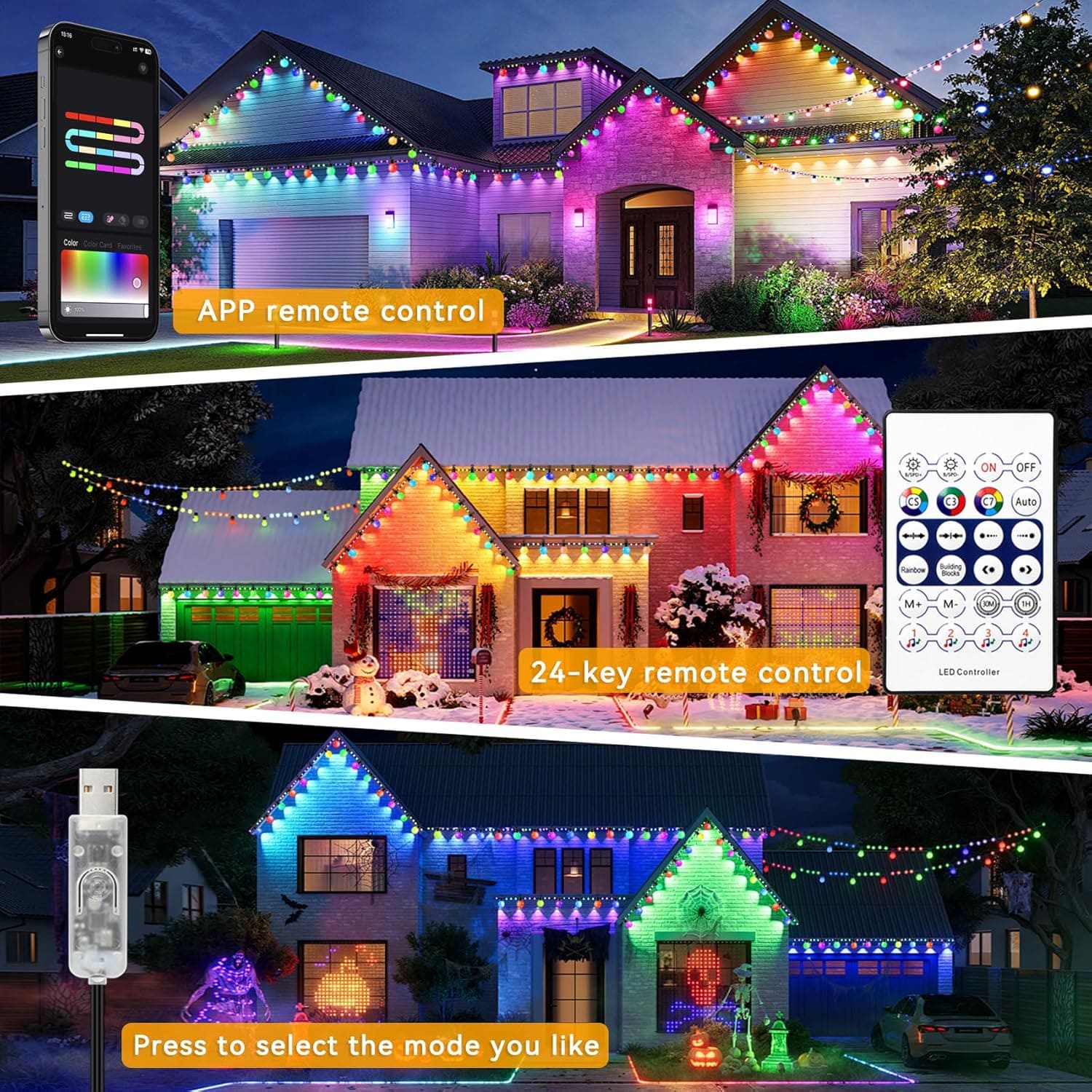 AxiaTool smart outdoor RGBIC bulb string lights glowing in colorful patterns, perfect for holiday decor.