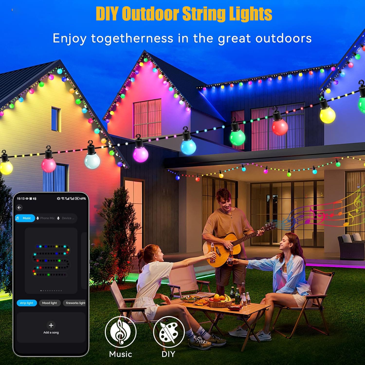 AxiaTool smart outdoor RGBIC bulb string lights illuminating a patio with vibrant colors during evening hours.
