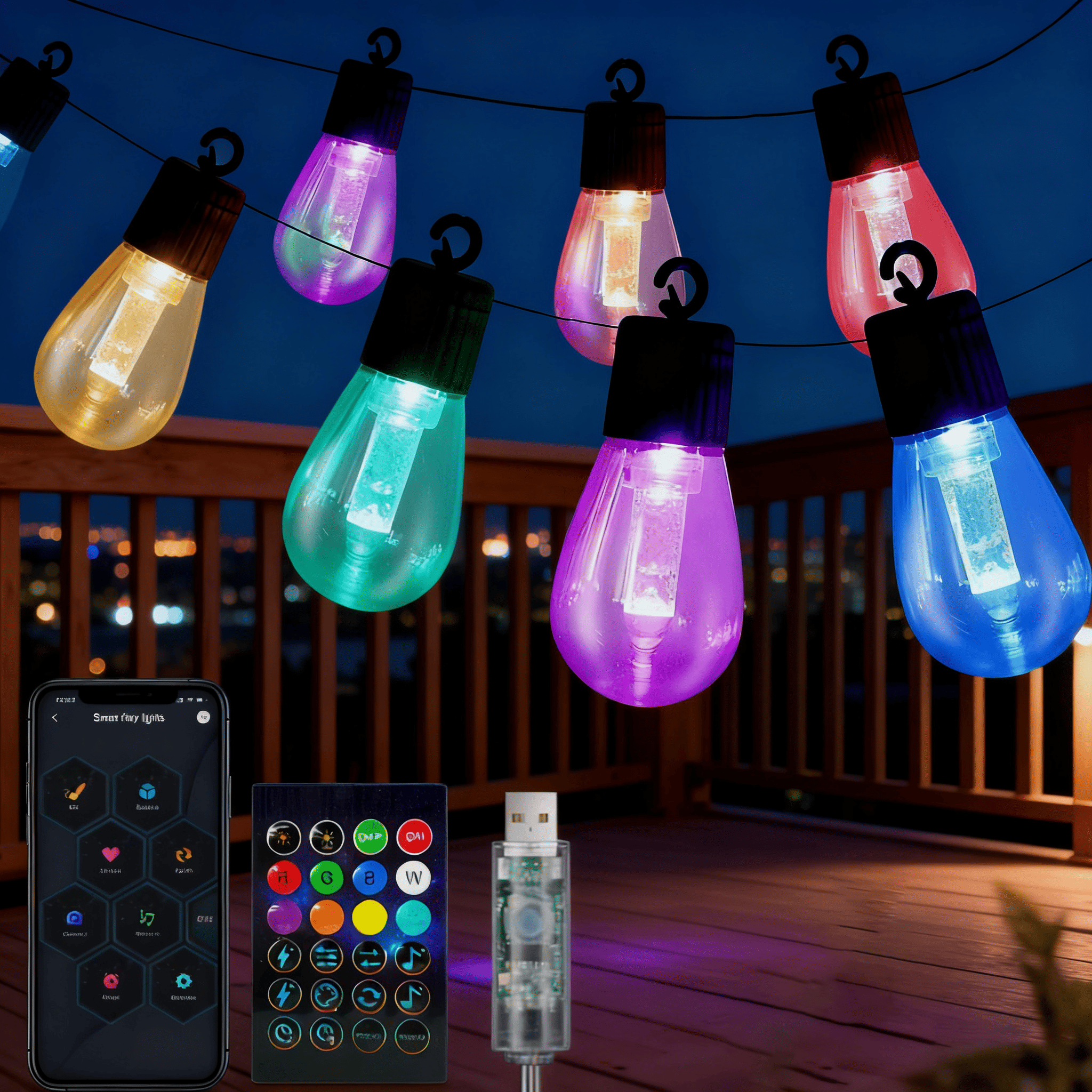 Colorful AxiaTool smart outdoor RGBIC bulb string lights hanging in a garden setting, illuminating the area with vibrant hues.