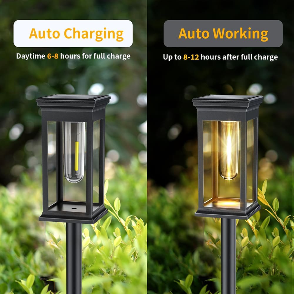 AxiaTool solar pathway lights illuminating a garden path with warm white LEDs and sleek stainless steel design.