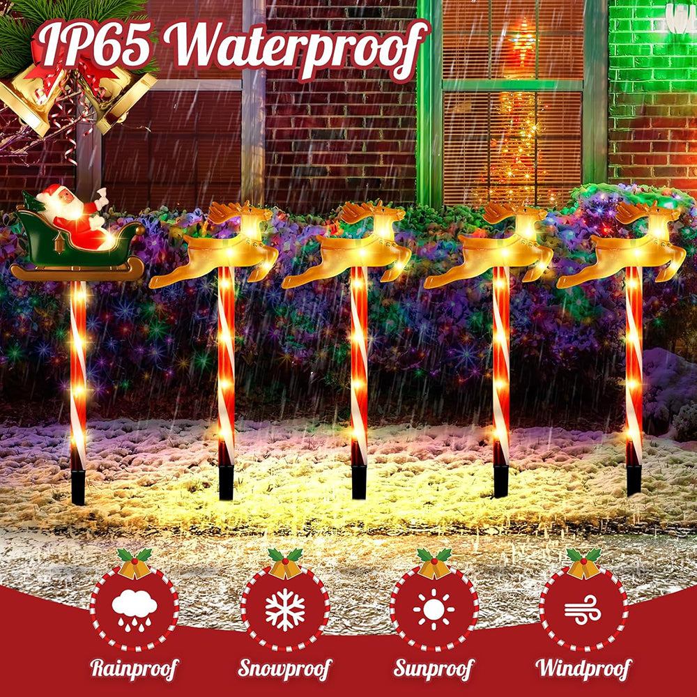 Solar powered outdoor Christmas decorative lights by AxiaTool, showcasing vibrant colors and festive designs in a nighttime setting.