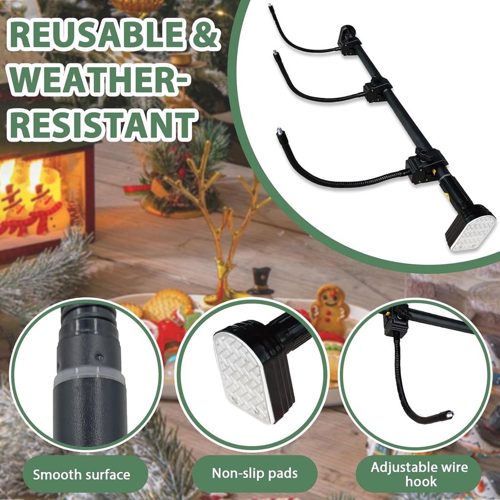 Adjustable AxiaTool holiday garland hanger displayed on a front door, securely holding festive greenery in place.