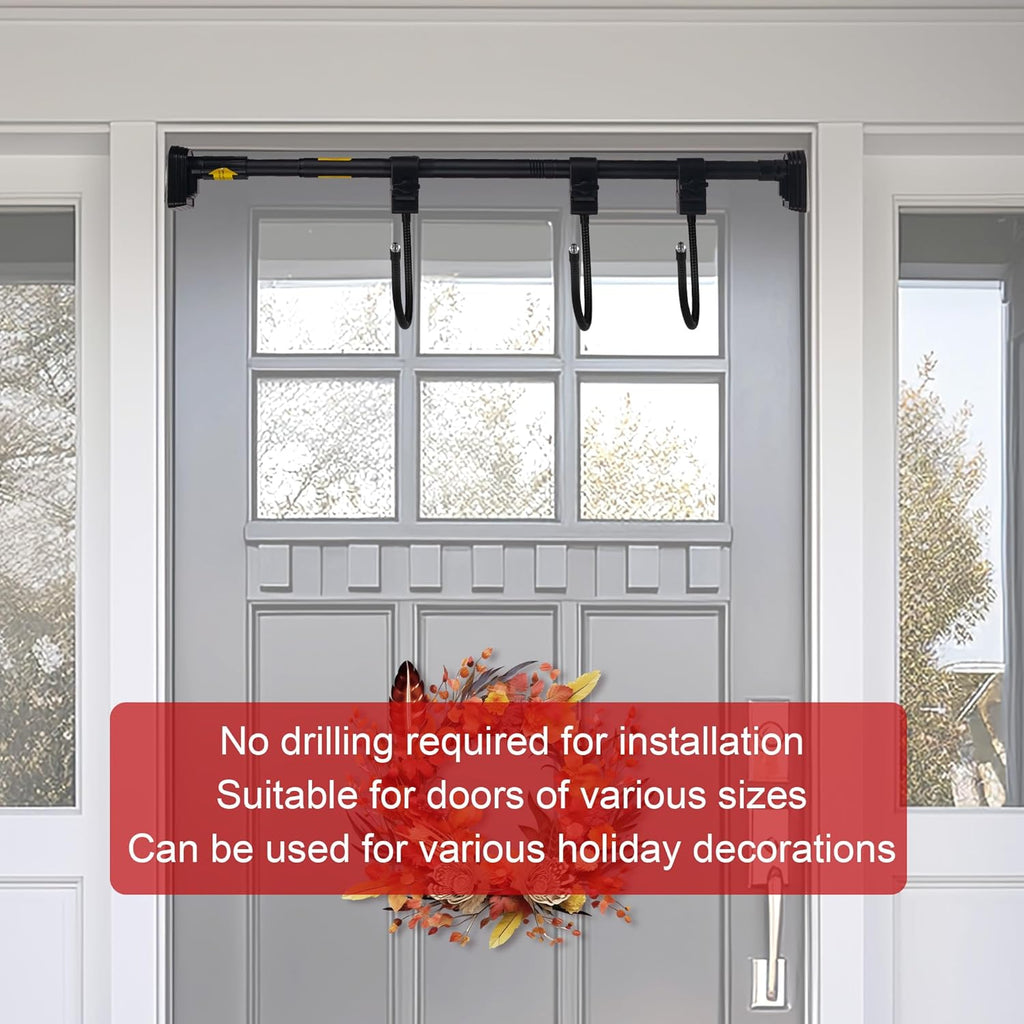 Adjustable AxiaTool holiday garland hanger displayed on a front door with festive garland draped elegantly.