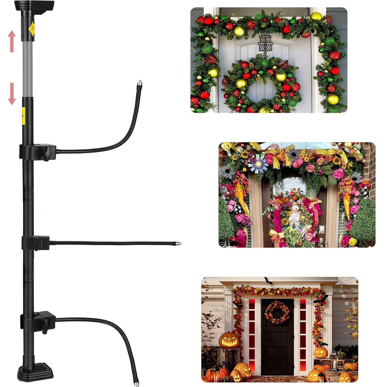 Adjustable AxiaTool holiday garland hanger displayed on a front door, showcasing its sturdy design and festive decor potential.