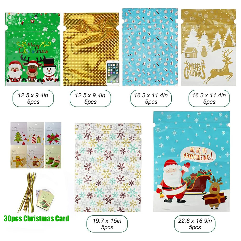 Assorted sizes of 30 Christmas gift bags with tags by AxiaTool, featuring festive designs and vibrant colors.