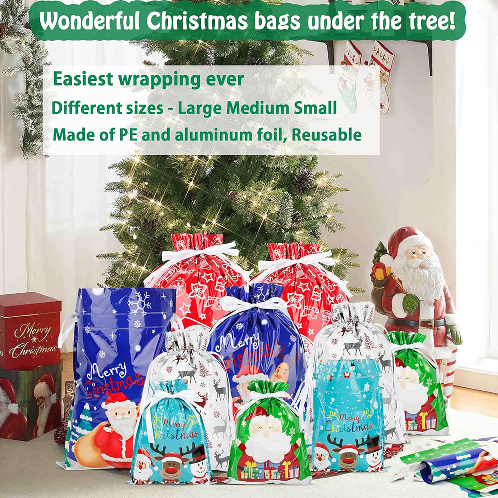 Assorted sizes of AxiaTool Christmas gift bags with colorful designs and gift tags for holiday gifting.