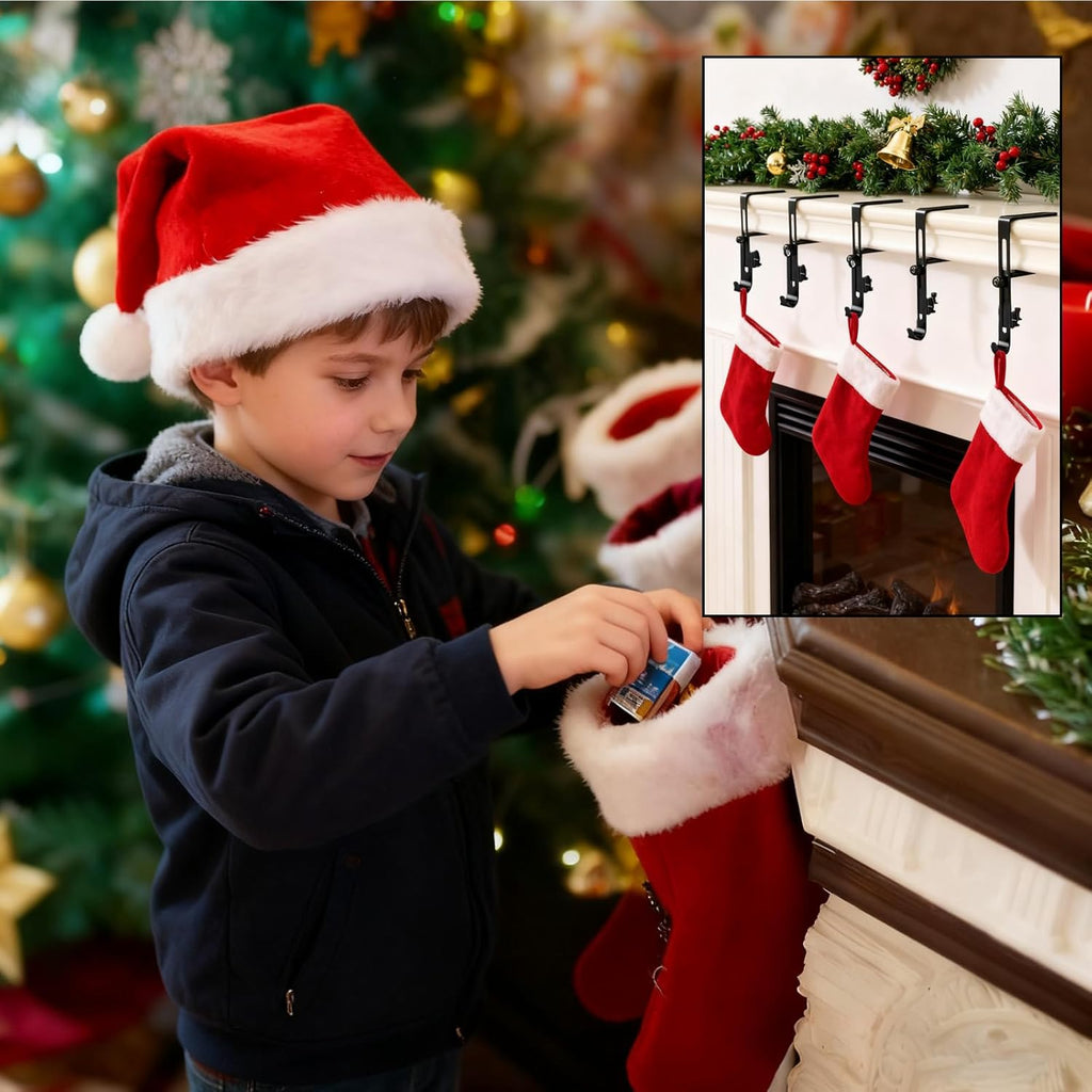 AxiaTool Christmas fireplace stocking and garland hanger set displayed with festive decorations in a cozy living room.