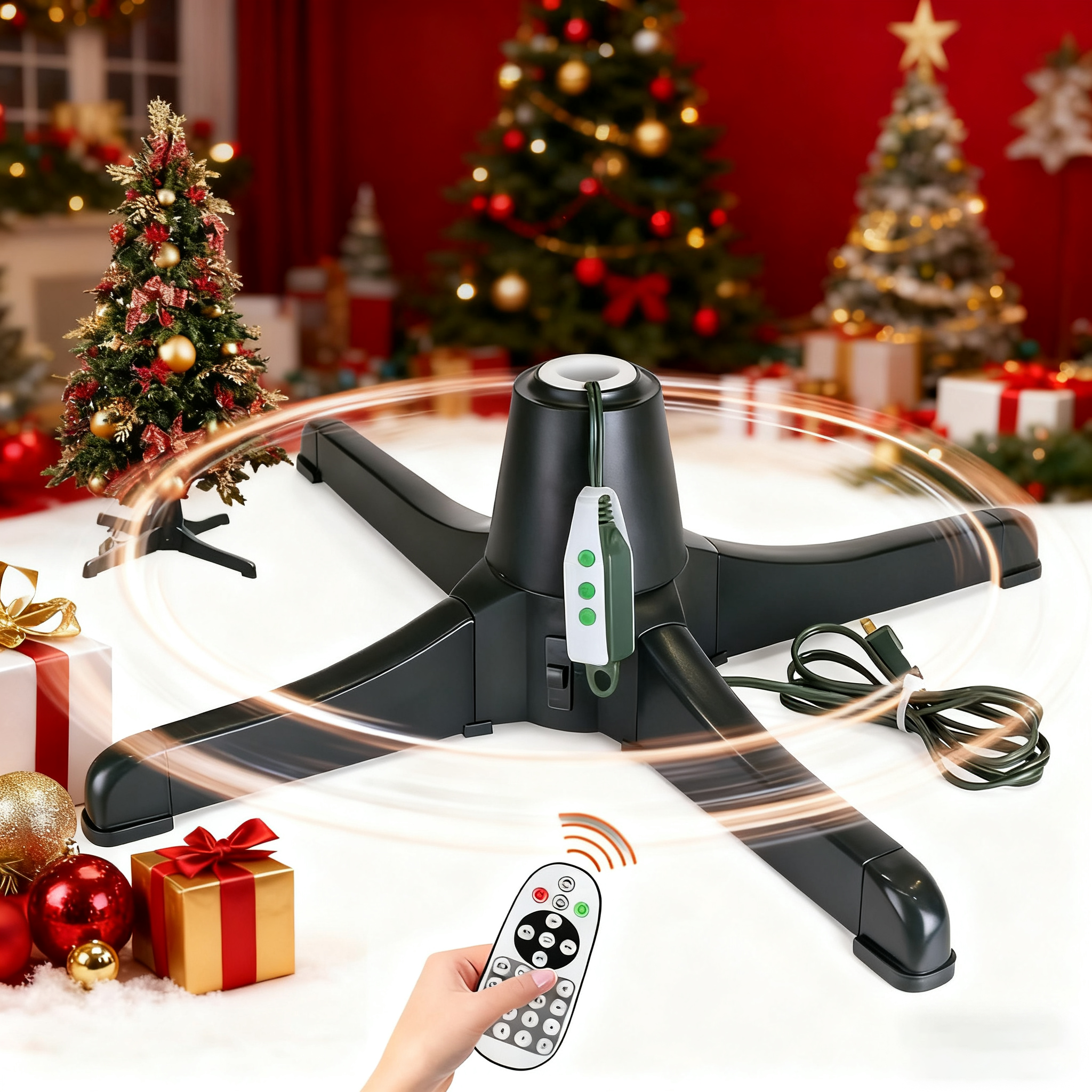 360-degree rotating AxiaTool Christmas tree stand with three settings, showcasing a decorated tree in a festive setting.