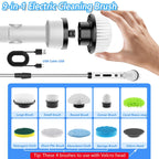 AxiaTool 9-in-1 cordless electric spin scrubber with a long handle for effective cleaning in hard-to-reach areas.