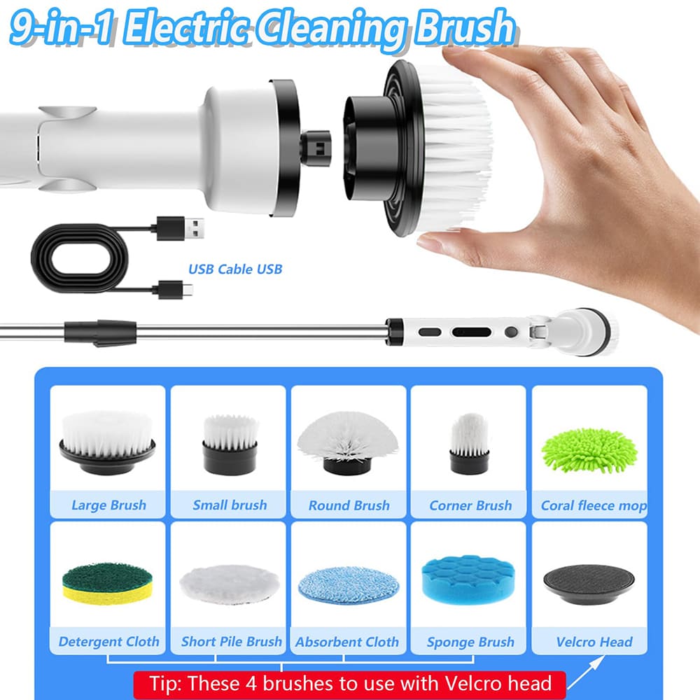 AxiaTool 9-in-1 cordless electric spin scrubber with a long handle for effective cleaning in hard-to-reach areas.