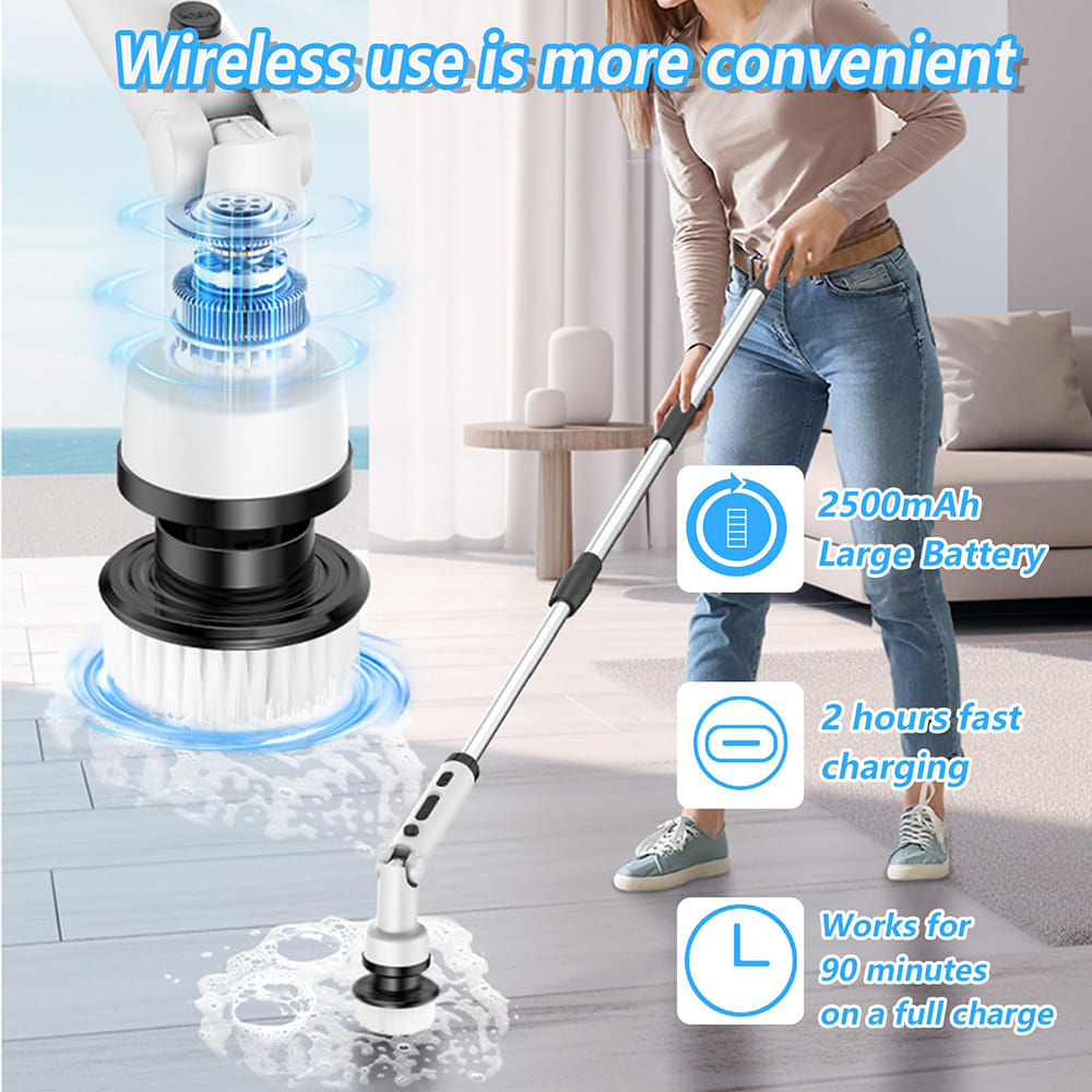 AxiaTool 9-in-1 cordless electric spin scrubber with long handle for effective cleaning in hard-to-reach areas.