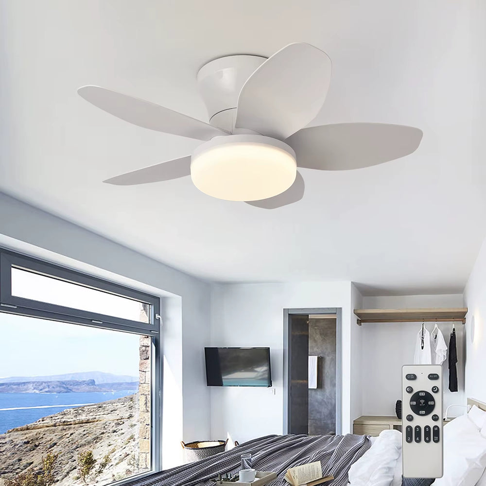 AxiaTool ceiling fan with integrated lights and remote control, showcasing modern design and sleek blades in a stylish room.