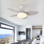 AxiaTool ceiling fan with integrated lights and remote control, showcasing modern design and sleek blades in a stylish room.