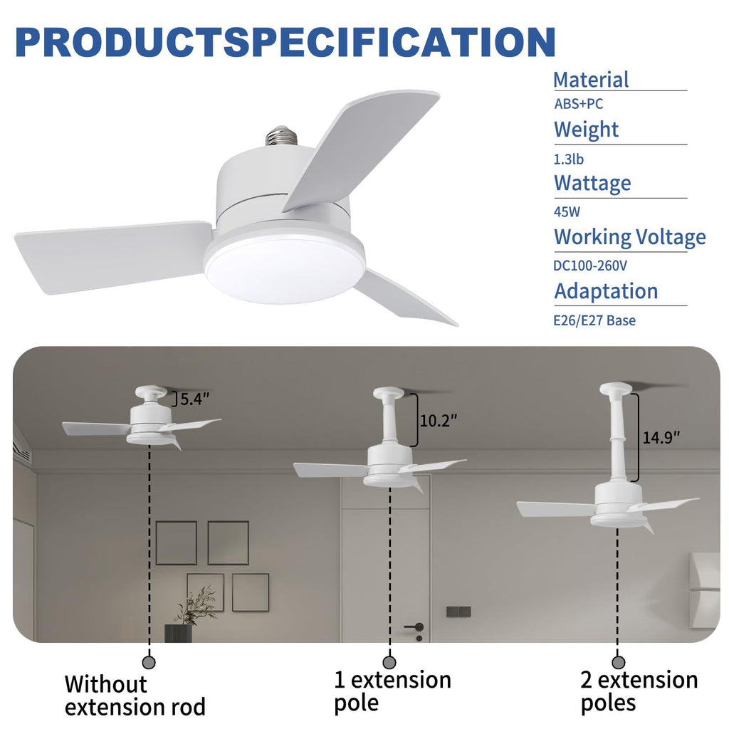 AxiaTool socket light fan with remote control for indoor use, featuring a sleek white design and modern aesthetics.