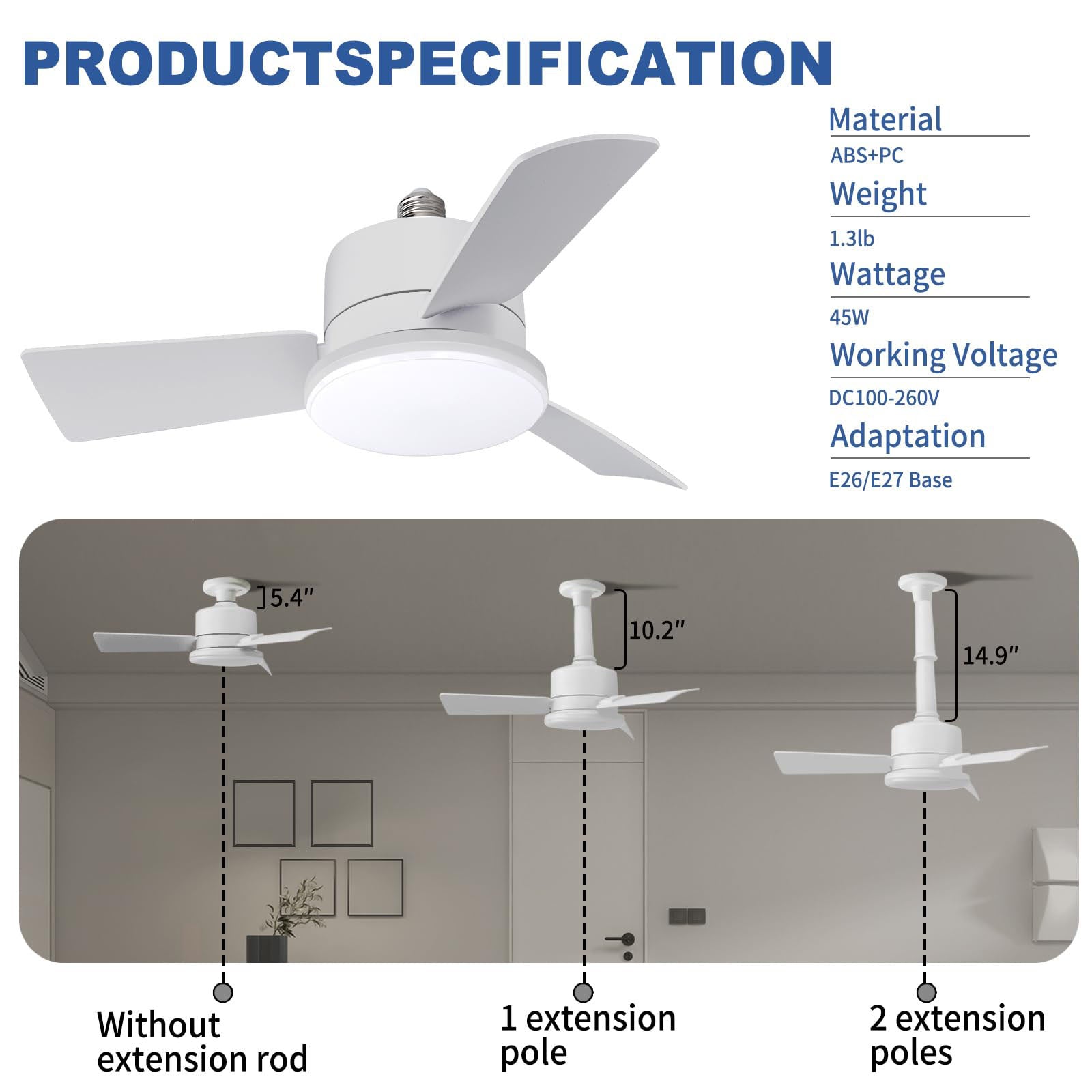 AxiaTool socket light fan with remote control for indoor use, featuring a sleek white design and modern aesthetics.