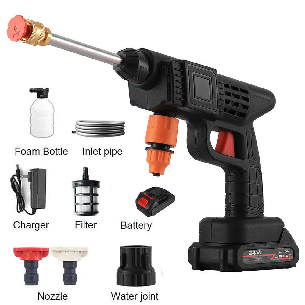 Electric pressure washer gun with various attachments on a white background