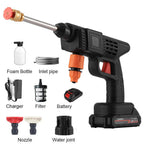 Electric pressure washer gun with various attachments on a white background