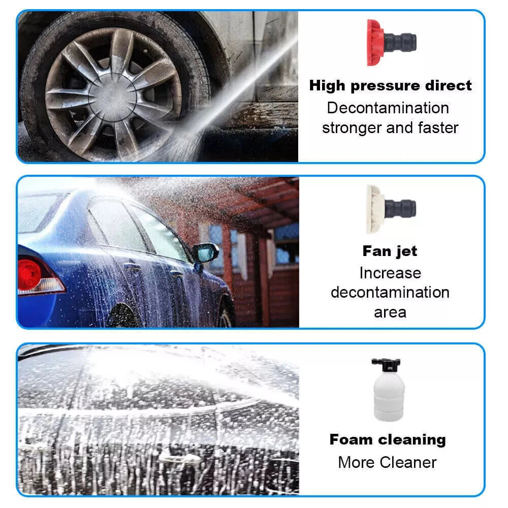 Car washing demonstration with high pressure direct, fan jet, and foam cleaning functions.
