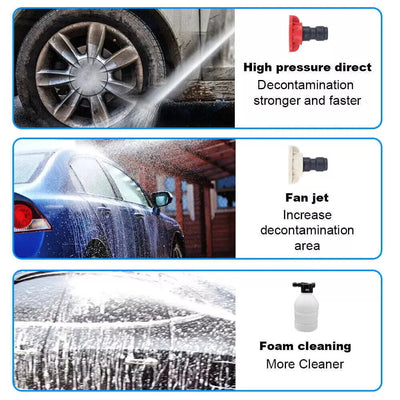 Car washing demonstration with high pressure direct, fan jet, and foam cleaning functions.