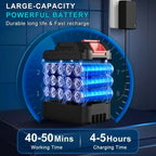 Battery pack with blue glowing cells on a dark background, featuring text about battery capacity and features.