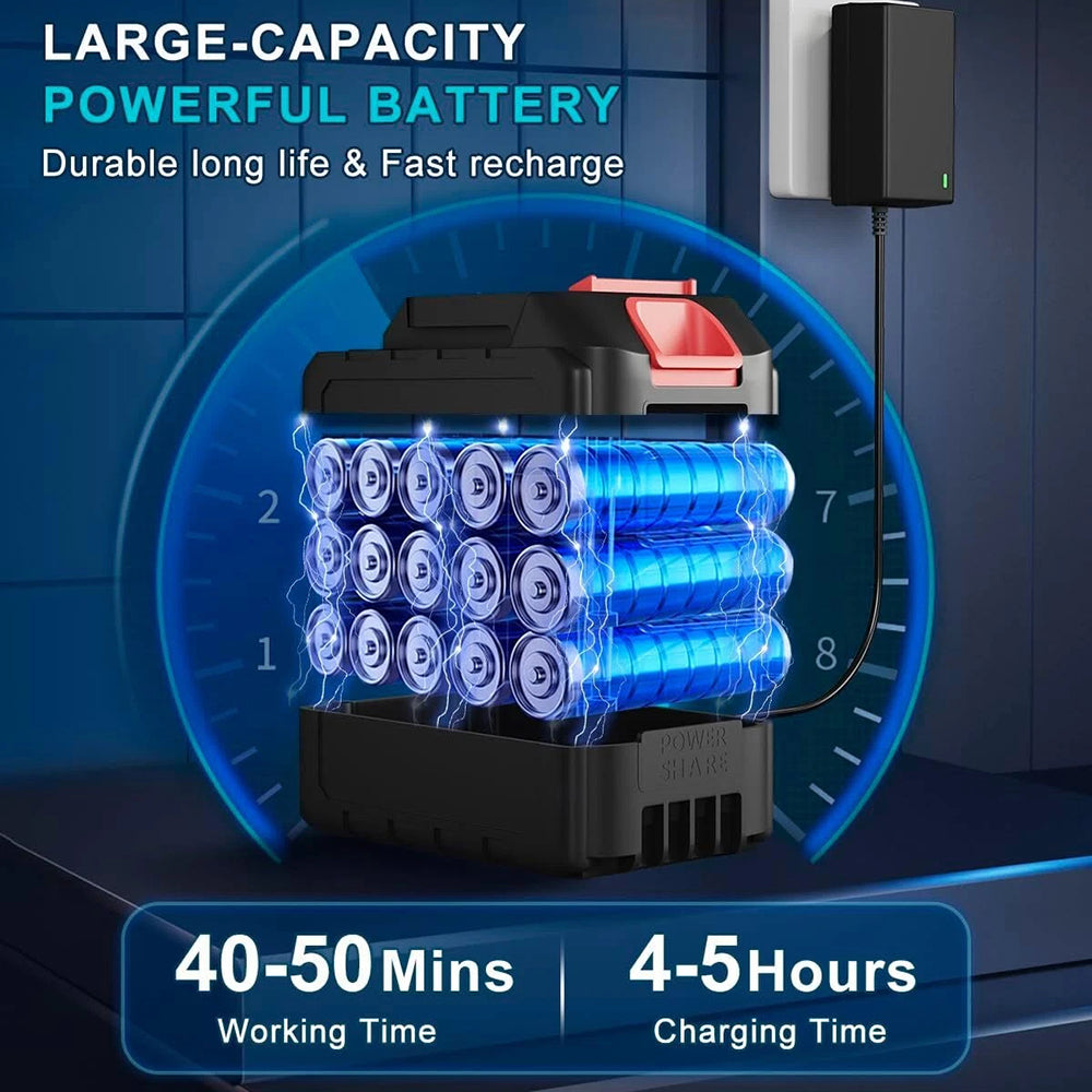 Battery pack with blue glowing cells on a dark background, featuring text about battery capacity and features.