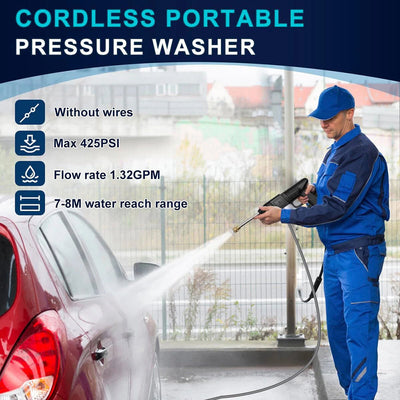 Person using a cordless portable pressure washer to clean a car, with product features displayed.