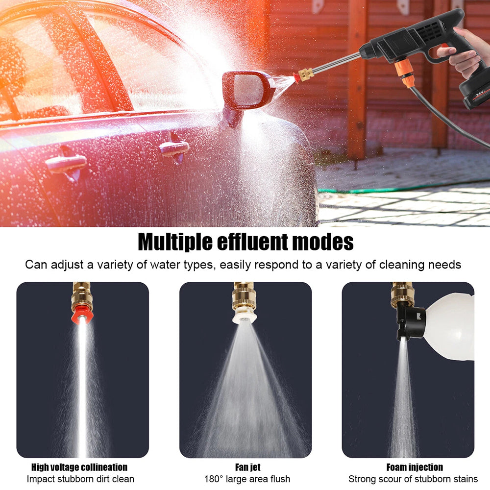 High-pressure washer cleaning a car with multiple effluent modes displayed below.