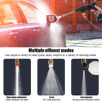 High-pressure washer cleaning a car with multiple effluent modes displayed below.