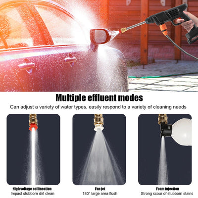 High-pressure washer cleaning a car with multiple effluent modes displayed below.