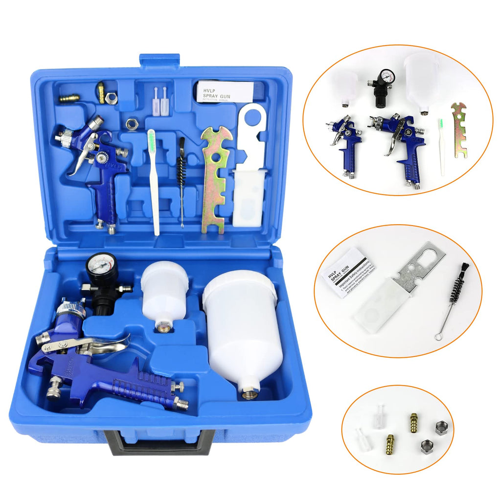 AxiaTool professional automotive topcoat spray gun set with 0.8mm and 1.4mm nozzles on a workbench.