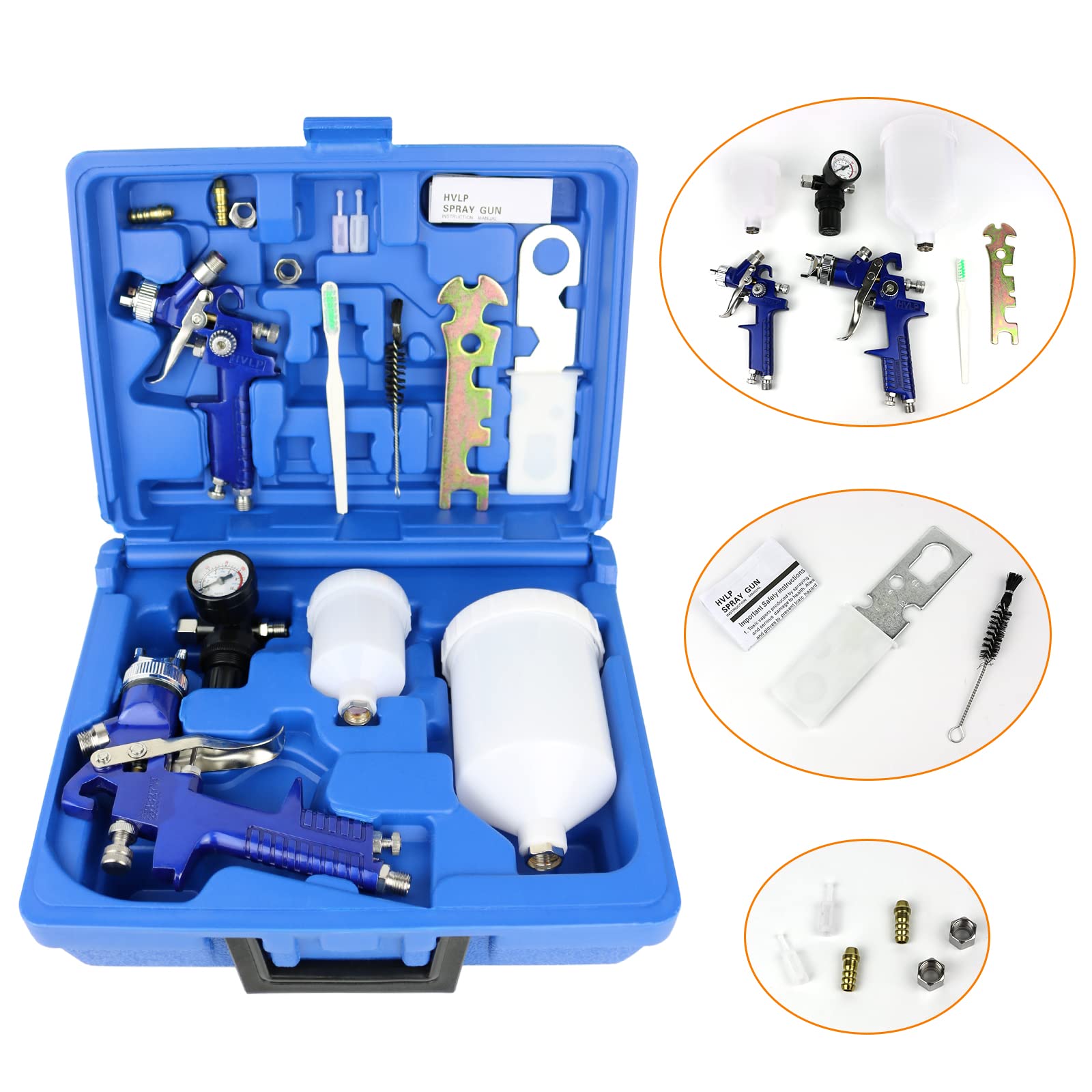 AxiaTool professional automotive topcoat spray gun set with 0.8mm and 1.4mm nozzles on a workbench.
