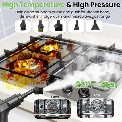 AxiaTool 2500W multi-head high-pressure steam cleaner with various attachments for versatile home cleaning tasks.