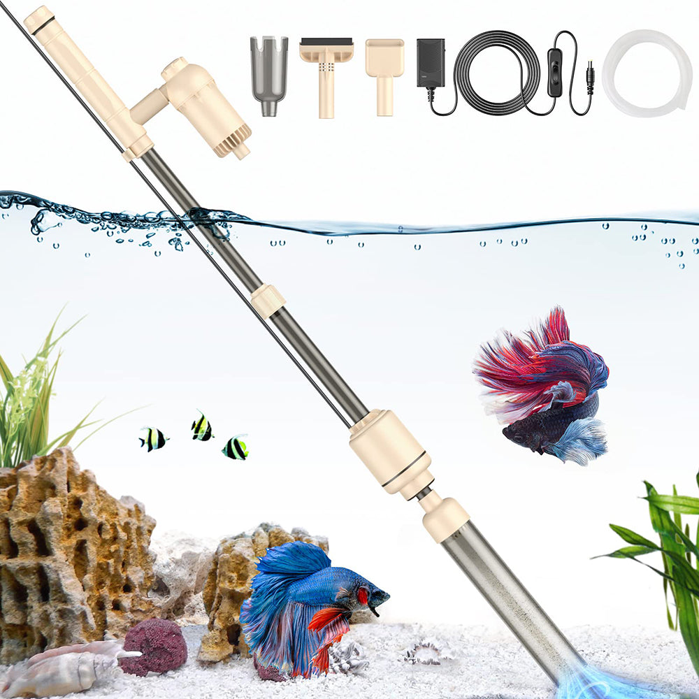 Aquarium cleaning tool set with accessories on a background of an aquarium with fish and plants.